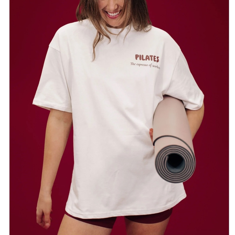 CCO! NWT Pilates the Espresso of Workouts Coffee & Pilates name a better duo Tee - Picture 2 of 11
